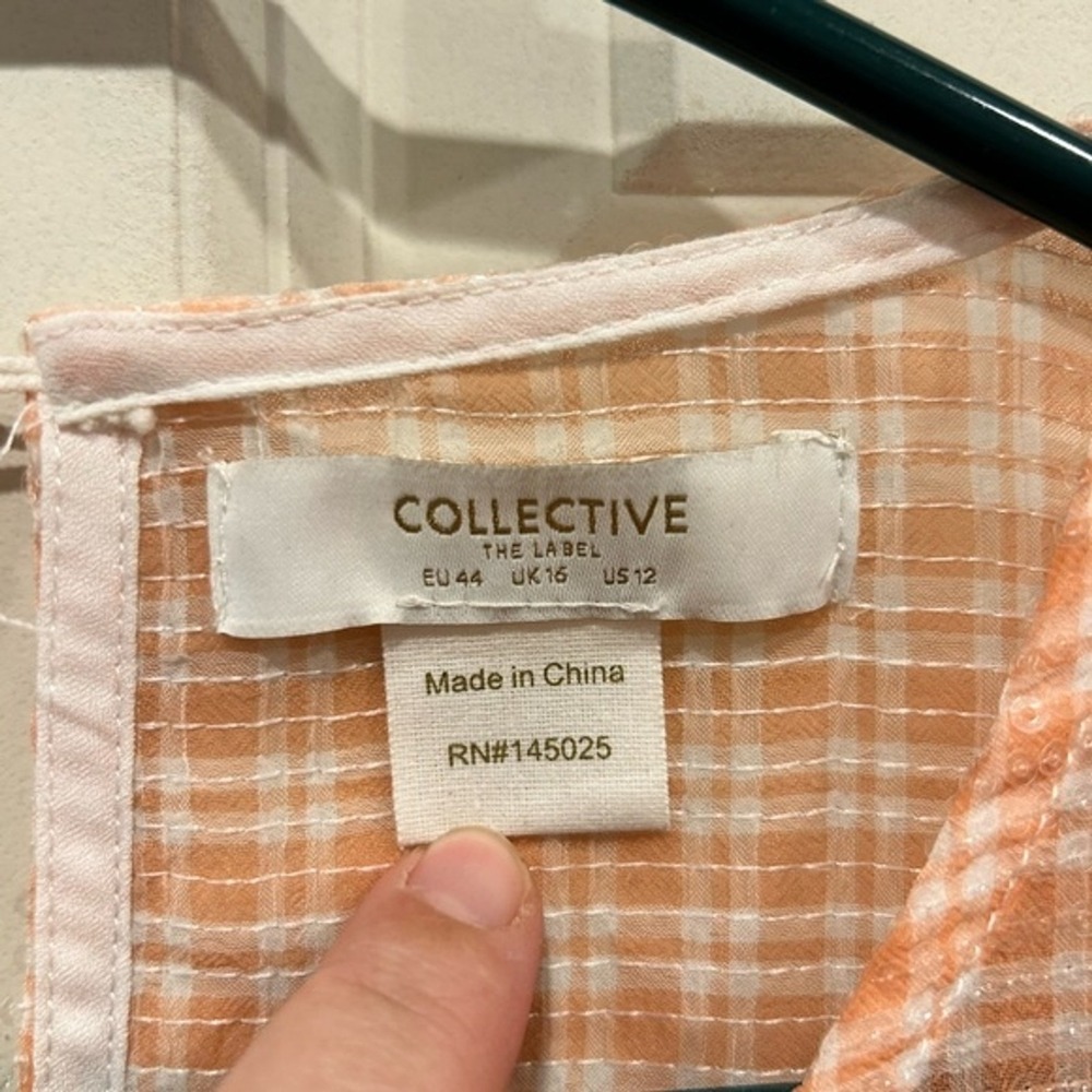 Collective The Label Peach Gingham Sequin Puff Sleeve Babydoll Mini Dress US 12 - Picture 7 of 8